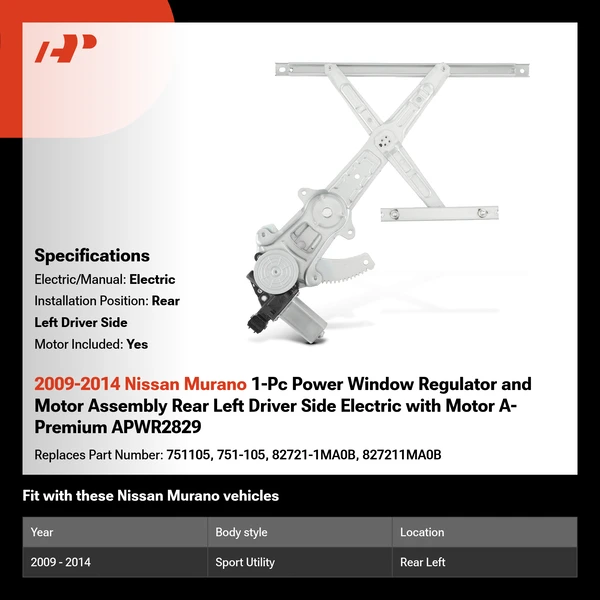 2009-2014 Nissan Murano 1-Pc Power Window Regulator and Motor Assembly Rear Left Driver Side Electric with Motor A-Premium APWR2829