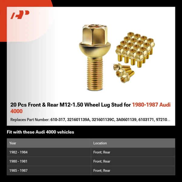 20 Pcs Front & Rear M12-1.50 Wheel Lug Stud for 1980-1987 Audi 4000