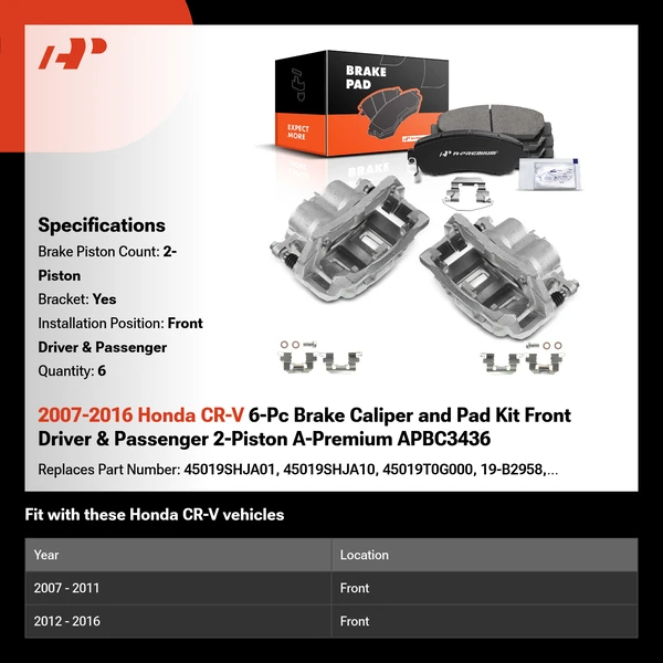 2007-2016 Honda CR-V 6-Pc Brake Caliper and Pad Kit Front Driver & Passenger 2-Piston A-Premium APBC3436