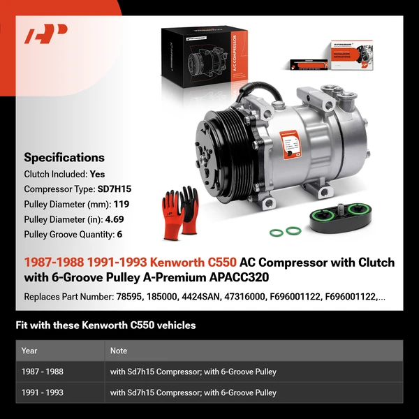 1987-1988 1991-1993 Kenworth C550 AC Compressor with Clutch with 6-Groove Pulley A-Premium APACC320