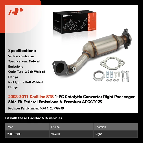 2008-2011 Cadillac STS 1-PC Catalytic Converter Right Passenger Side Fit Federal Emissions A-Premium APCCT029