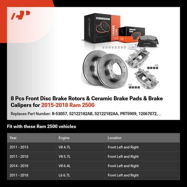 8 Pcs Front Disc Brake Rotors & Ceramic Brake Pads & Brake Calipers for 2015-2018 Ram 2500