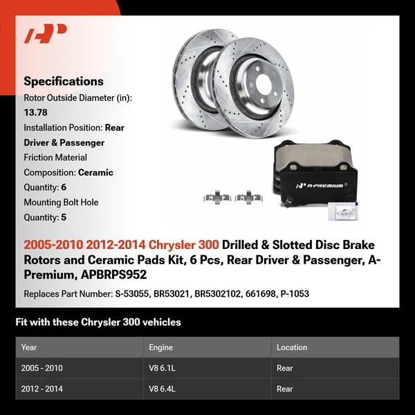 2005-2010 2012-2014 Chrysler 300 Drilled & Slotted Disc Brake Rotors and Ceramic Pads Kit, 6 Pcs, Rear Driver & Passenger, A-Premium, APBRPS952