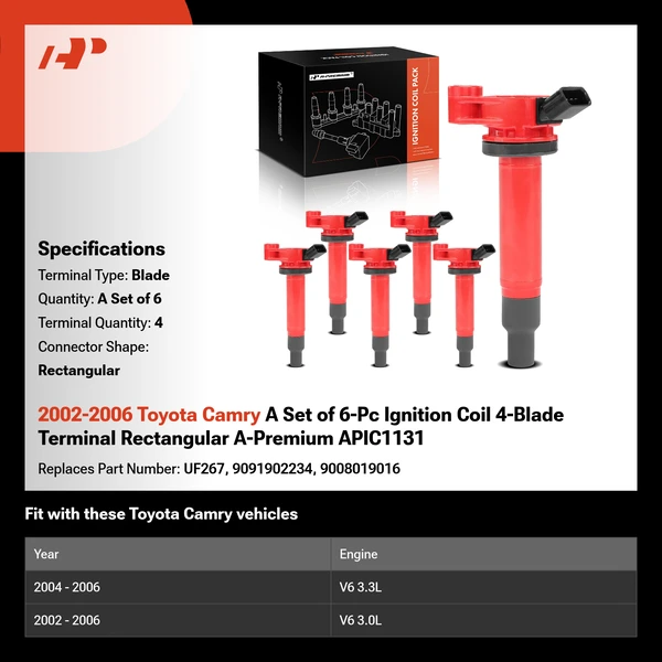 2002-2006 Toyota Camry A Set of 6-Pc Ignition Coil 4-Blade Terminal Rectangular A-Premium APIC1131