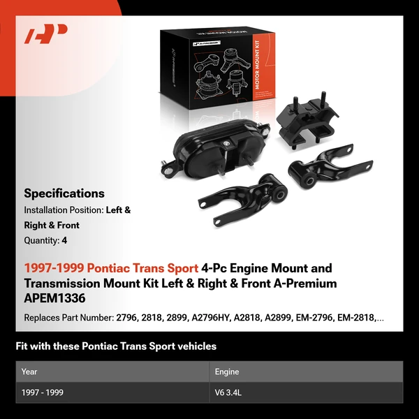 1997-1999 Pontiac Trans Sport 4-Pc Engine Mount and Transmission Mount Kit Left & Right & Front A-Premium APEM1336
