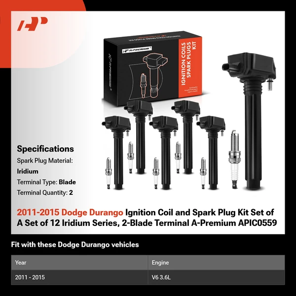 2011-2015 Dodge Durango Ignition Coil and Spark Plug Kit Set of A Set of 12 Iridium Series, 2-Blade Terminal A-Premium APIC0559