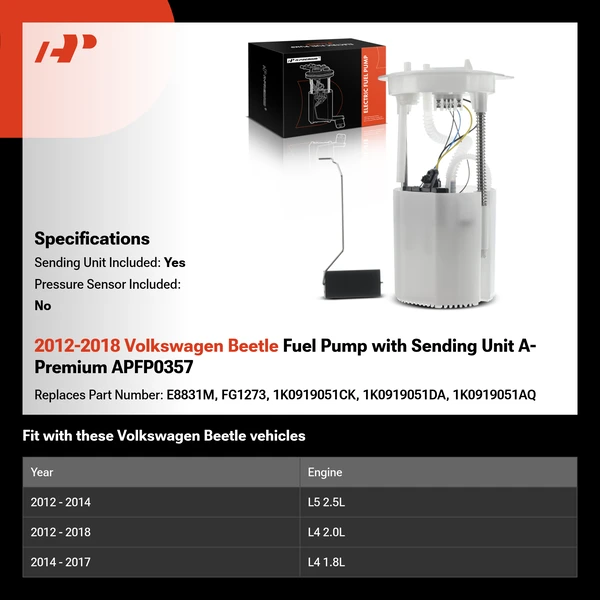 2012-2018 Volkswagen Beetle Fuel Pump with Sending Unit A-Premium APFP0357