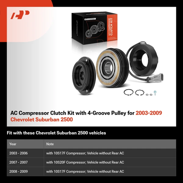 AC Compressor Clutch Kit with 4-Groove Pulley for 2003-2009 Chevrolet Suburban 2500