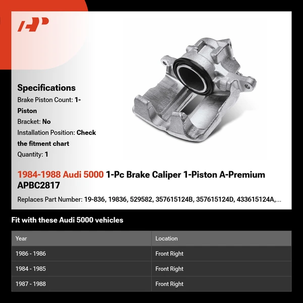 1984-1988 Audi 5000 1-Pc Brake Caliper 1-Piston A-Premium APBC2817