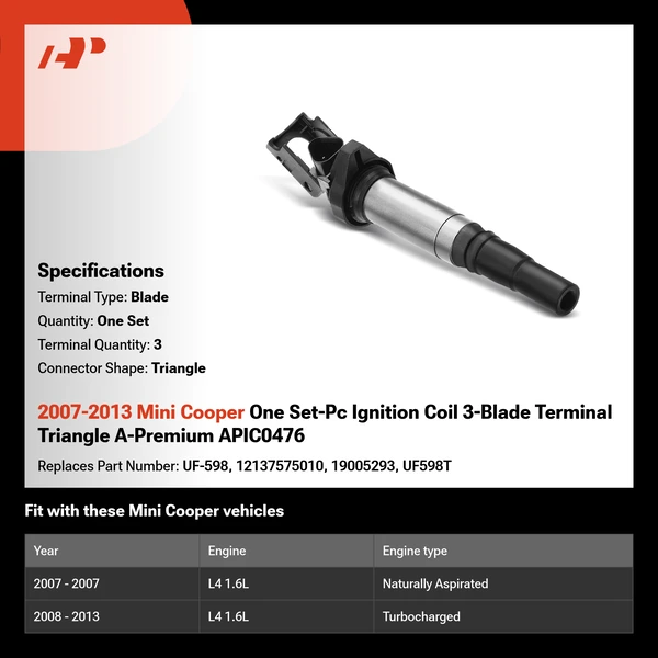 2007-2013 Mini Cooper One Set-Pc Ignition Coil 3-Blade Terminal Triangle A-Premium APIC0476