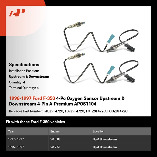 1996-1997 Ford F-350 4-Pc Oxygen Sensor Upstream & Downstream 4-Pin A-Premium APOS1104