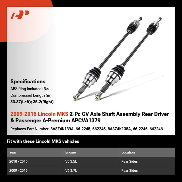 2009-2016 Lincoln MKS 2-Pc CV Axle Shaft Assembly Rear Driver & Passenger A-Premium APCVA1379