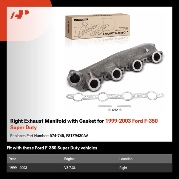 Right Exhaust Manifold with Gasket for 1999-2003 Ford F-350 Super Duty