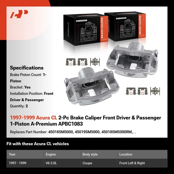 1997-1999 Acura CL 2-Pc Brake Caliper Front Driver & Passenger 1-Piston A-Premium APBC1083