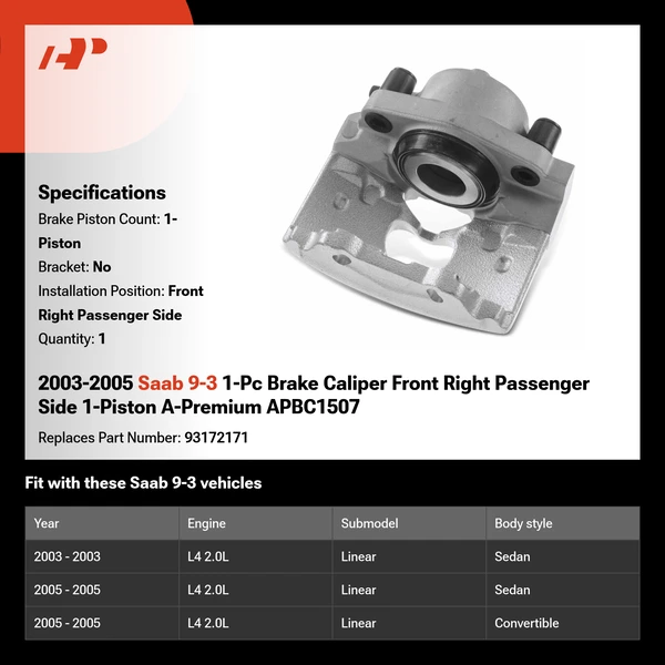 2003-2005 Saab 9-3 1-Pc Brake Caliper Front Right Passenger Side 1-Piston A-Premium APBC1507