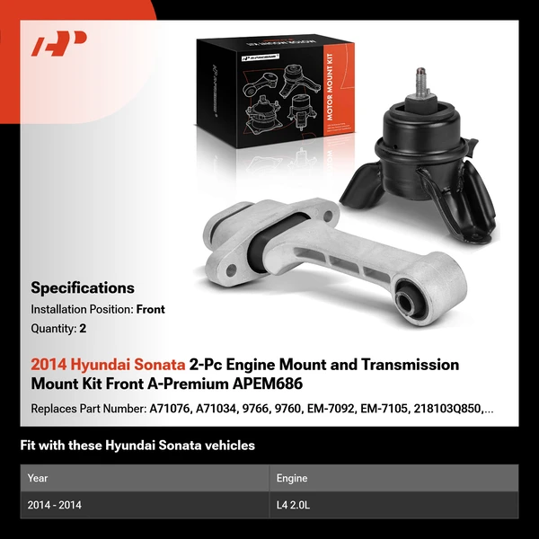 2014 Hyundai Sonata 2-Pc Engine Mount and Transmission Mount Kit Front A-Premium APEM686
