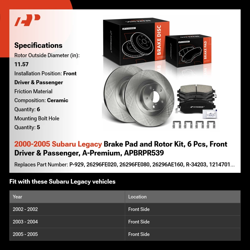 2000-2005 Subaru Legacy Brake Pad and Rotor Kit, 6 Pcs, Front Driver & Passenger, A-Premium, APBRPR539