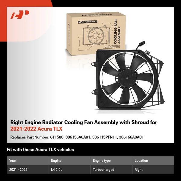 Right Engine Radiator Cooling Fan Assembly with Shroud for 2021-2022 Acura TLX