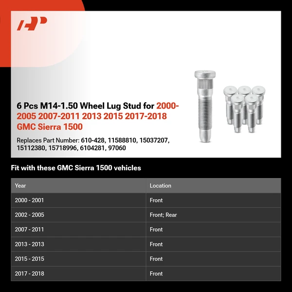 6 Pcs M14-1.50 Wheel Lug Stud for 2000-2005 2007-2011 2013 2015 2017-2018 GMC Sierra 1500