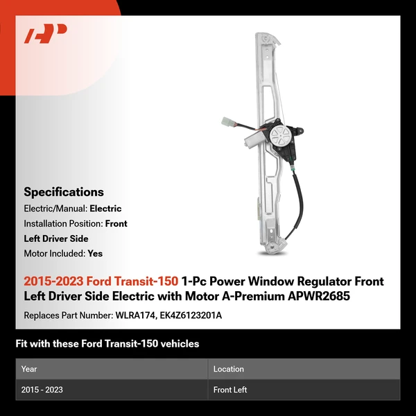 2015-2023 Ford Transit-150 1-Pc Power Window Regulator Front Left Driver Side Electric with Motor A-Premium APWR2685