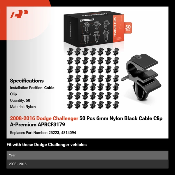 2008-2016 Dodge Challenger 50 Pcs 6mm Nylon Black Cable Clip A-Premium APRCF3179