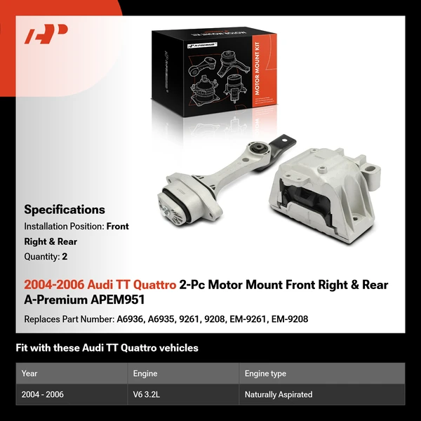 2004-2006 Audi TT Quattro 2-Pc Motor Mount Front Right & Rear A-Premium APEM951