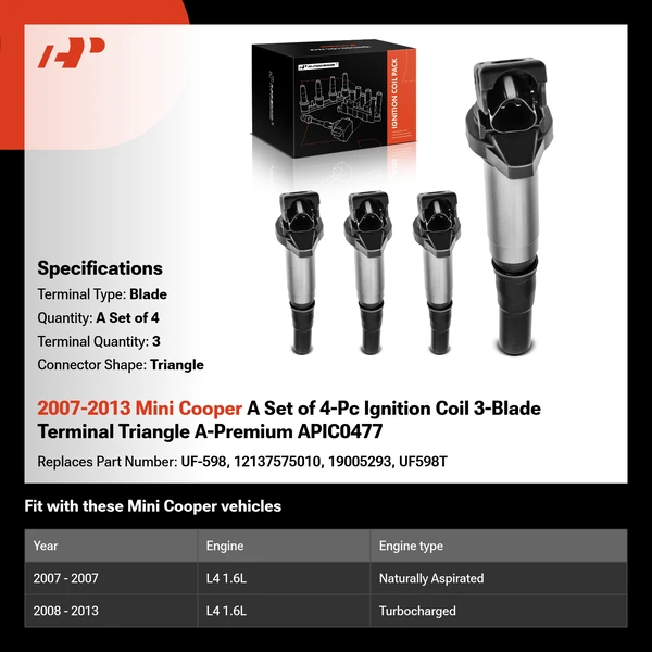 2007-2013 Mini Cooper A Set of 4-Pc Ignition Coil 3-Blade Terminal Triangle A-Premium APIC0477