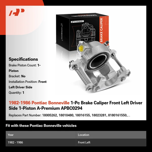 1982-1986 Pontiac Bonneville 1-Pc Brake Caliper Front Left Driver Side 1-Piston A-Premium APBC0294