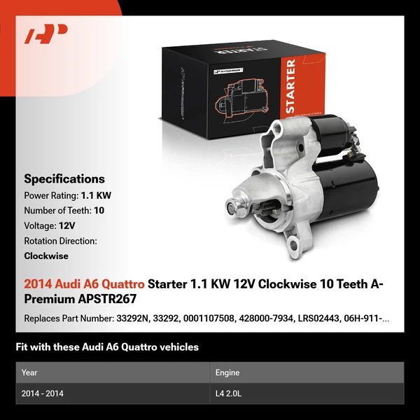 2014 Audi A6 Quattro Starter 1.1 KW 12V Clockwise 10 Teeth A-Premium APSTR267