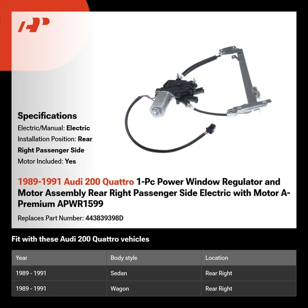 1989-1991 Audi 200 Quattro 1-Pc Power Window Regulator and Motor Assembly Rear Right Passenger Side Electric with Motor A-Premium APWR1599
