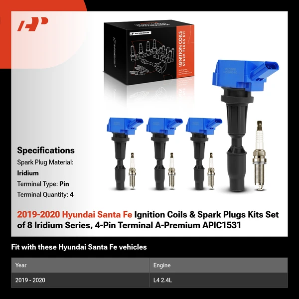 2019-2020 Hyundai Santa Fe Ignition Coils & Spark Plugs Kits Set of 8 Iridium Series, 4-Pin Terminal A-Premium APIC1531