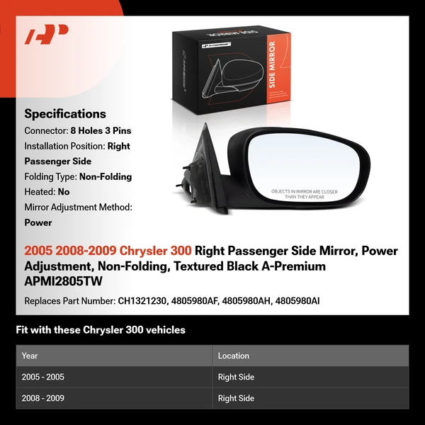 2005 2008-2009 Chrysler 300 Right Passenger Side Mirror, Power Adjustment, Non-Folding, Textured Black A-Premium APMI2805TW