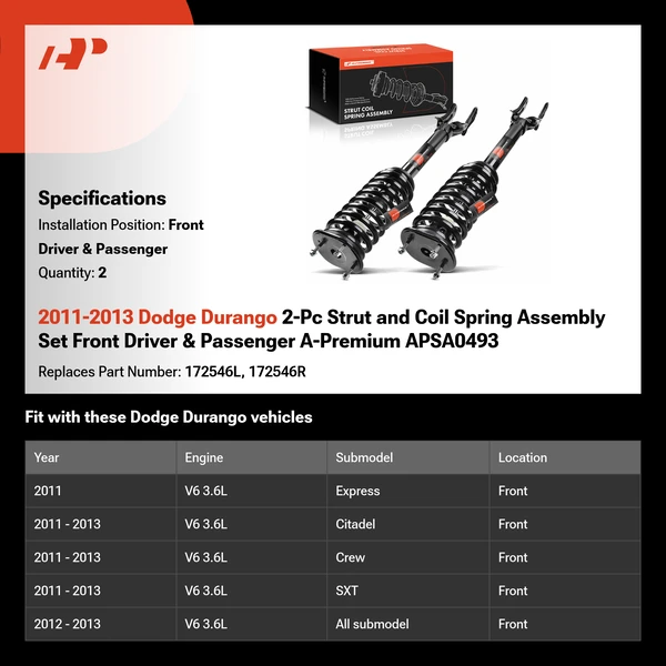 2011-2013 Dodge Durango 2-Pc Strut and Coil Spring Assembly Set Front Driver & Passenger A-Premium APSA0493