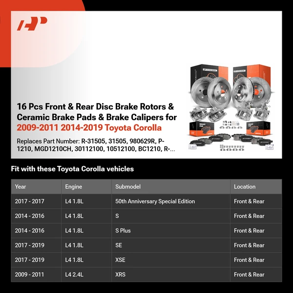 16 Pcs Front & Rear Disc Brake Rotors & Ceramic Brake Pads & Brake Calipers for 2009-2011 2014-2019 Toyota Corolla