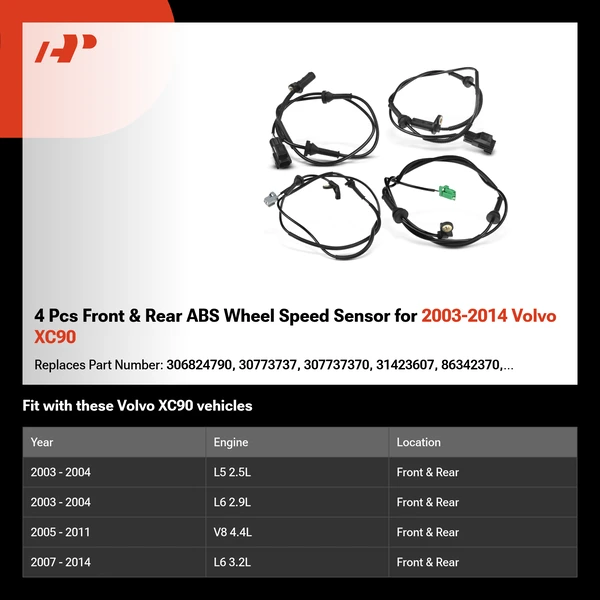 4 Pcs Front & Rear ABS Wheel Speed Sensor for 2003-2014 Volvo XC90
