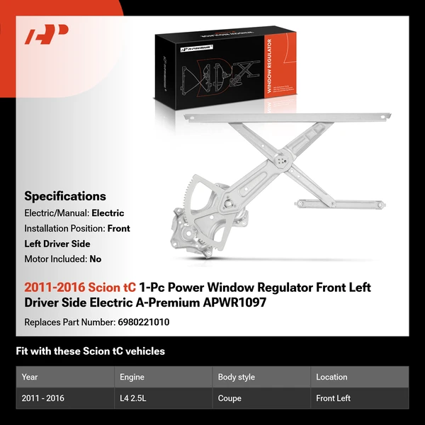2011-2016 Scion tC 1-Pc Power Window Regulator Front Left Driver Side Electric A-Premium APWR1097