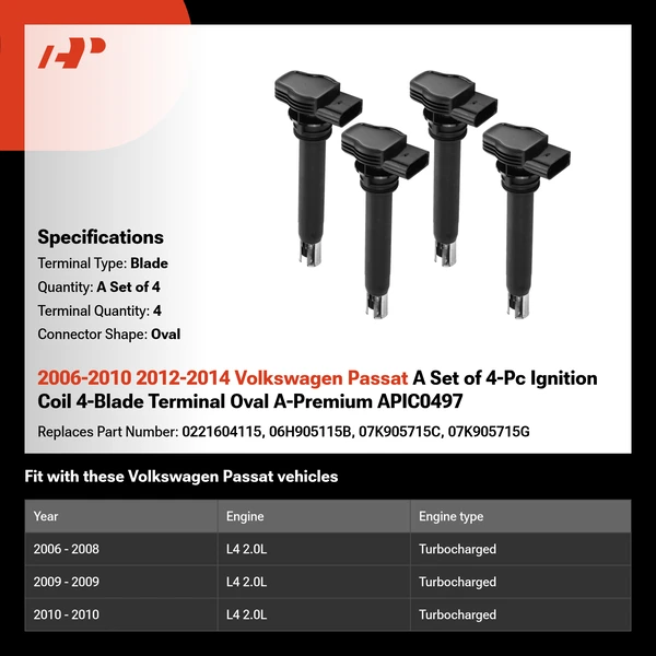 2006-2010 2012-2014 Volkswagen Passat A Set of 4-Pc Ignition Coil 4-Blade Terminal Oval A-Premium APIC0497