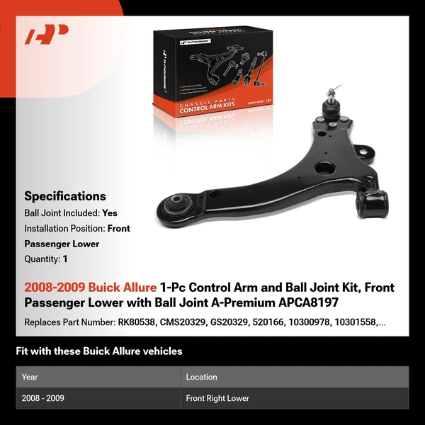 2008-2009 Buick Allure 1-Pc Control Arm and Ball Joint Kit, Front Passenger Lower with Ball Joint A-Premium APCA8197