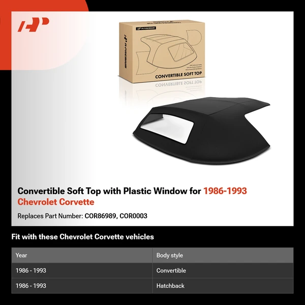 Convertible Soft Top with Plastic Window for 1986-1993 Chevrolet Corvette