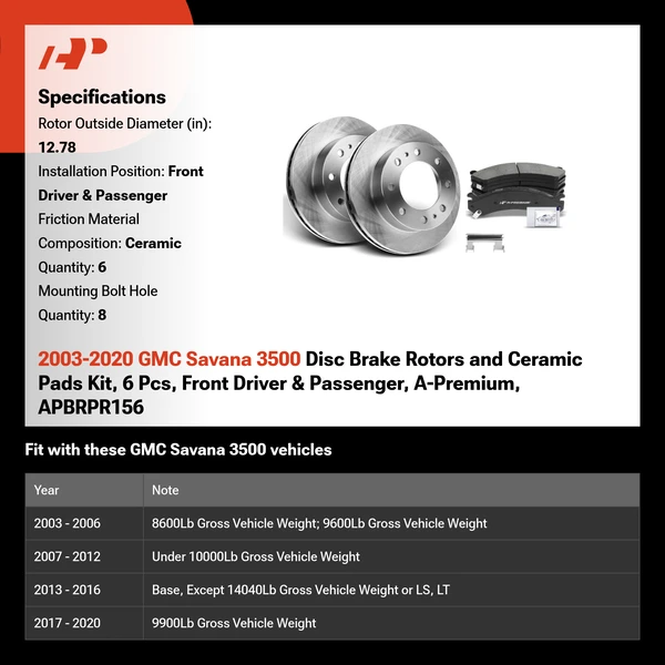 2003-2020 GMC Savana 3500 Disc Brake Rotors and Ceramic Pads Kit, 6 Pcs, Front Driver & Passenger, A-Premium, APBRPR156