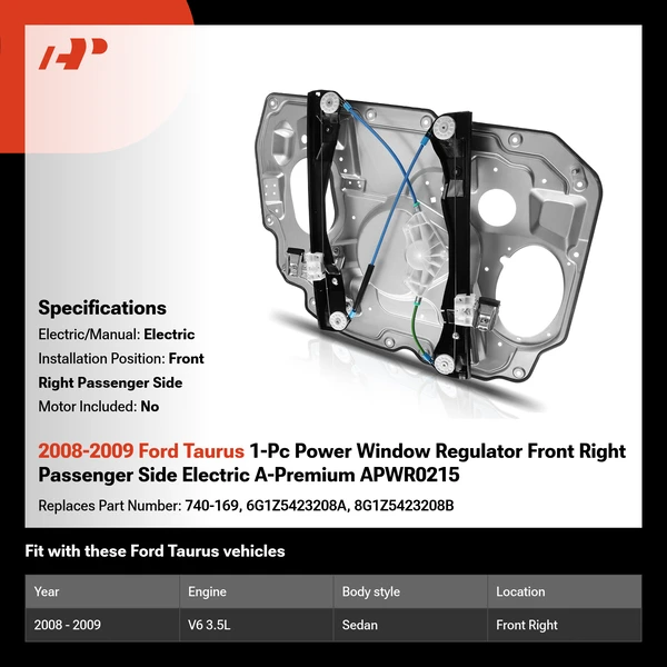 2008-2009 Ford Taurus 1-Pc Power Window Regulator Front Right Passenger Side Electric A-Premium APWR0215