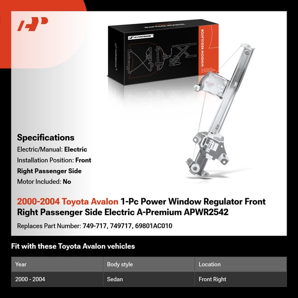 2000-2004 Toyota Avalon 1-Pc Power Window Regulator Front Right Passenger Side Electric A-Premium APWR2542