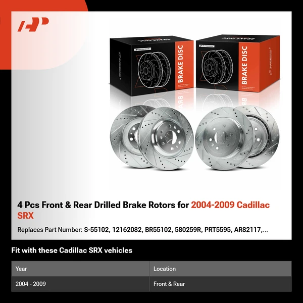 4 Pcs Front & Rear Drilled Brake Rotors for 2004-2009 Cadillac SRX