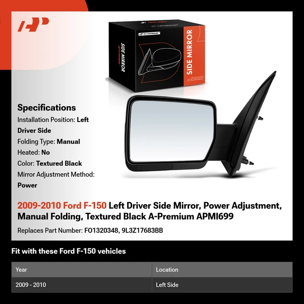 2009-2010 Ford F-150 Left Driver Side Mirror, Power Adjustment, Manual Folding, Textured Black A-Premium APMI699