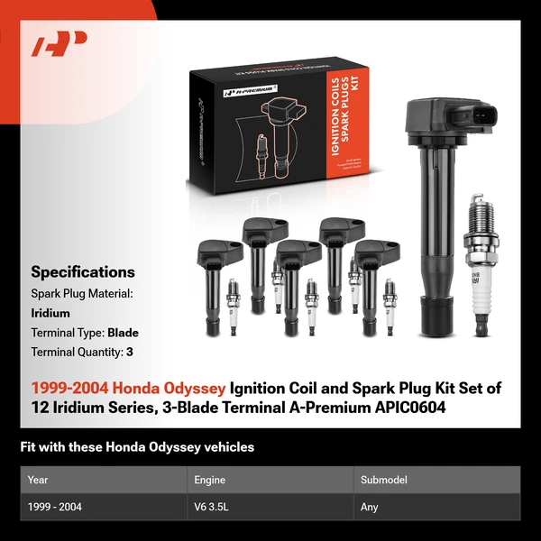 1999-2004 Honda Odyssey Ignition Coil and Spark Plug Kit Set of 12 Iridium Series, 3-Blade Terminal A-Premium APIC0604