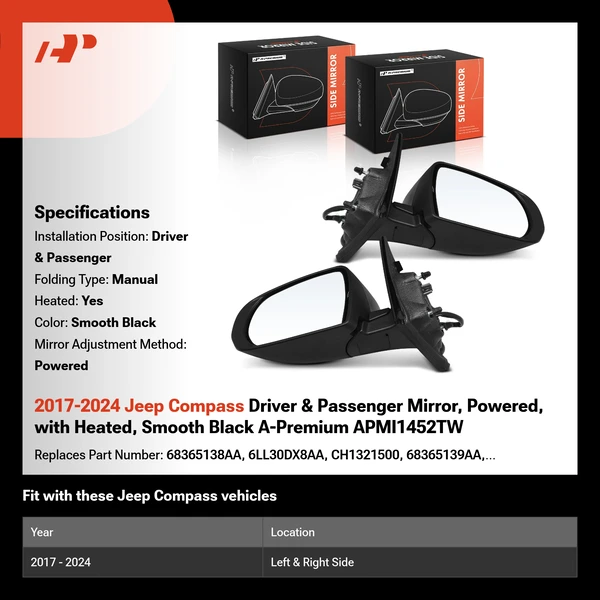 2017-2024 Jeep Compass Driver & Passenger Mirror, Powered, with Heated, Smooth Black A-Premium APMI1452TW