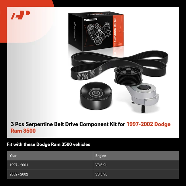 3 Pcs Serpentine Belt Drive Component Kit for 1997-2002 Dodge Ram 3500