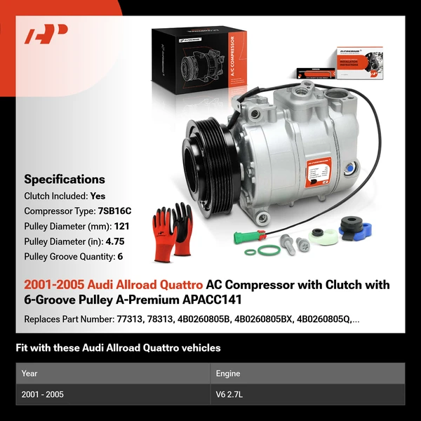 2001-2005 Audi Allroad Quattro AC Compressor with Clutch with 6-Groove Pulley A-Premium APACC141