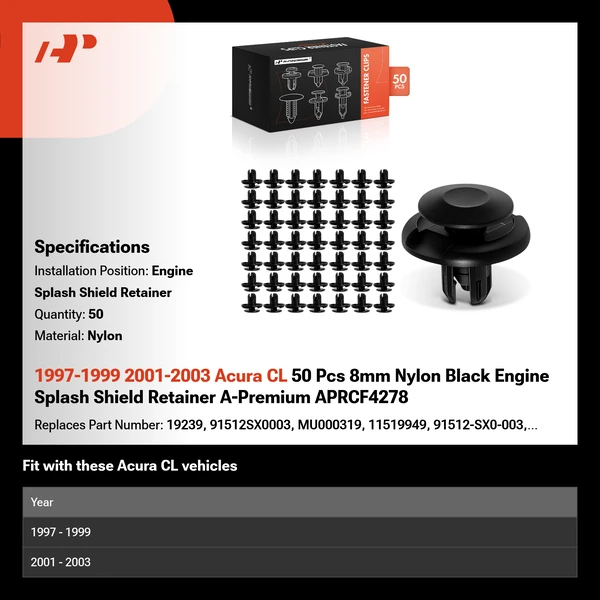1997-1999 2001-2003 Acura CL 50 Pcs 8mm Nylon Black Engine Splash Shield Retainer A-Premium APRCF4278