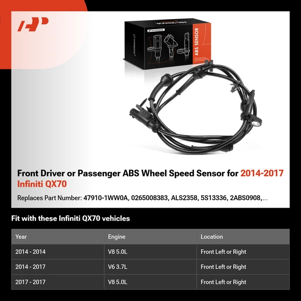 Front Driver or Passenger ABS Wheel Speed Sensor for 2014-2017 Infiniti QX70